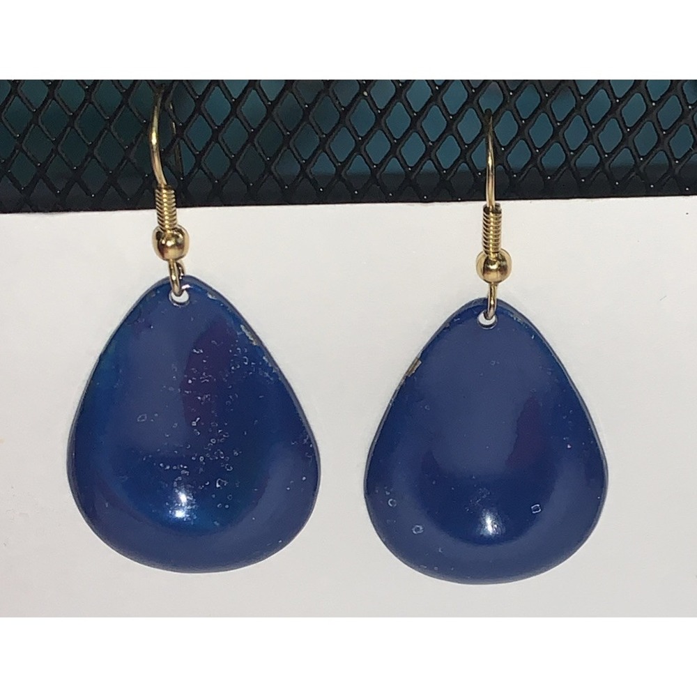 Vintage pierced Earrings~Blue / teal Metal Abstract Look‎ 2" Drop